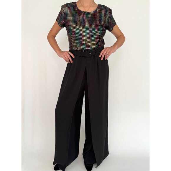 90s vintage black rainbow sequin dressy disco wide leg palazzo pant jumpsuit - Picture 2 of 10